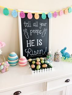 an easter party with colorful eggs and decorations