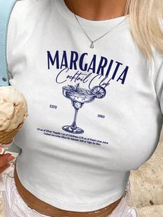 Crop top de mujer de estilo Y2K con estampado de margarita cocktail de verano Blanco Casual  manga corta Tela Animal,Figuras,Letras  Estiramiento medio  Women Clothing, size features are:Bust: ,Length: ,Sleeve Length: Summer Margaritas, Cocktail Margarita, Y2k Crop Top, Margarita Cocktail, Top Jeans, Top Graphic Tees, Denim Overalls, Casual Style Outfits, Kids Sleepwear