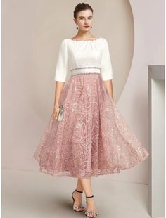 A-Line Mother of the Bride Dress Wedding Guest Elegant Petite Scoop Neck Tea Length Chiffon Lace Half Sleeve with Sequin Ruching Dress Wedding Guest, Evening Dresses Cocktail, Mother Of The Bride Dress, Wedding Bridesmaid Dresses, Tea Length, Chiffon Lace, Quinceanera Dresses, Homecoming Dress, Dress Wedding