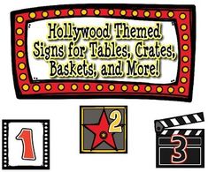 hollywood themed signs for tables, crates, baskets and more are featured in this image