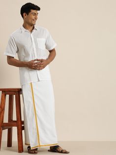 Vastramay Men's White Cotton Shirt With Mundu Set White Cotton Shirt, Summer Graphic Tee, Half Sleeve Tops, Looking Dapper, Man Set, Cotton Bottoms, Style Shirt, Stylish Shirts, Shirt Collar