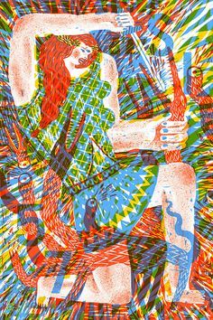 an abstract painting of two women sitting on the ground with their arms around each other