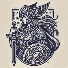 A bold tribal Valkyrie warrior symbol in black and white, showcasing strength and simplicity. Ideal for adding a touch of mythical strength to any room or space. Valkyrie Tattoo Symbols, Fantasy Stadium, Viking Logo Design, Fulcrum Symbol, Warrior Symbol Tattoo, Valkyrie Warrior, Valkyrie Norse, Warrior Symbols, Norse Warrior