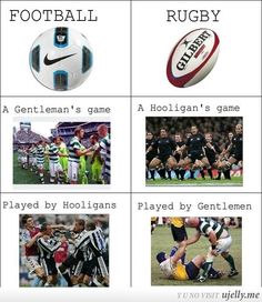 four different types of sports related items in english and spanish, including a rugby ball, a gentleman's game, a hooligan's game, played by gentlemen