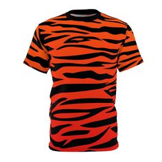 Orange & Black Bengal Tiger Stripes Animal Print Orange Fade Unisex Short Sleeve AOP T-Shirt Tee Top - 100% soft Polyester feels luxurious and drapes well - Side seams help hold the garment's shape and give it structural support - Ribbed knit collar with seam - Shoulder tape to stabilize the back of the garment and prevent stretching - Regular fit - Unisex sizing - Please see size chart in pictures before ordering - Runs big - Ladies please consider sizing down - All over print - Proudly printed Orange Crew Neck Sports Top, Cotton Sports T-shirt With All Over Print, Red All Over Print Crew Neck Shirt, Red Crew Neck Shirt With All Over Print, Orange Crew Neck T-shirt With Moisture-wicking, Orange Short Sleeve Moisture-wicking Top, Orange Moisture-wicking Short Sleeve Tops, Sporty Orange Top, Orange Pre-shrunk Short Sleeve T-shirt