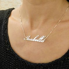 Sterling Silver Nameplate Necklace - Custom Name Necklace - Cursive Namplate - Isabella . . . . . . . . . . . . . . . . . . . . . . . . . . . . . . . . . . . . . . . . . . . . . . . . . . . . . . . . . Looking for a thoughtful gift for your loved one? You will love this high quality Sterling Silver Nameplate necklace. This is a perfect gift for your girlfriend or wife. Personalize it with her name in a beautiful font. This lovely 925 sterling silver custom name necklace is made to order. Choose Nameplate Necklace Silver, Sterling Silver Name Necklace, Alphabet Necklace, Handwriting Jewelry, Jewelry Words, Nameplate Necklace, Gold Name Necklace, Buy Necklace, Personalized Pendant