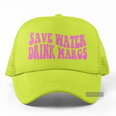 New Hat. Save Water Drink Margs Pink Graphic On Foam Trucker Hat In Neon Yellow. Lightweight Poly-Foam Trucker Cap With Mesh Back Curved Bill Visor For Optimal Shading Adjustable Plastic Snap Strap Adult Unisex One Size Fits Head Circumferences Up To 60cm Search More In My Closet! Style Tags # Margarita Drinking Bar Text Fun Trending 2023 Groovy Wavy Lettering Sport Baseball Hat Cap Vacation Travel Hot Weather Guys Mens Womens Casual Outdoors Original Custom Cool Unique Handmade Trendy Active Bi Adjustable Yellow Dad Hat Visor, Yellow Adjustable Visor Dad Hat, Casual Yellow Baseball Cap For Outdoor, Yellow Baseball Cap For Summer Outdoor, Yellow Summer Baseball Cap For Outdoor, Yellow Dad Hat Baseball Cap For Summer, Yellow Visor Baseball Cap For Summer, Trendy Yellow Snapback Trucker Hat, Yellow Dad Hat For Summer