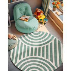 a child's room with a green chair and white rug on the floor, bookshelf in the background