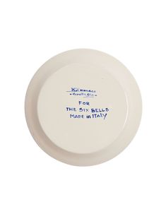 a white frisbee with blue writing on the front and bottom, which reads for six bills mark in italy