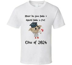 a white t - shirt with an image of a dog wearing a graduation cap and gown