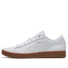 Puma Smash V2 365208-12 Summit White Low-top Casual Sneakers, White Leather Sneakers For Skateboarding, White Leather Skateboarding Sneakers, White Skate Shoes With Rubber Waffle Outsoles, White Skate Shoes With Perforated Toe Box, Casual White Skate Shoes With Vulcanized Sole, Casual White Skate Shoes For Skateboarding, White Leather Casual Skate Shoes, Casual White Leather Skate Shoes