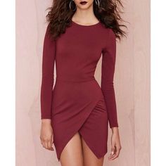 Nastygal Burgundy Long Sleeve, Crew-Neck, Wrap Skirt Detail Mini Dress Nwt Open To Reasonable Offers Pantone Outfit, Marsala Pantone, Asymmetric Bodycon Dress, Gaun Fashion, Tulip Dress, Burgundy Dress, Hot Dress, Mode Inspiration, Featuring Dress