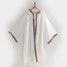 celtic robe hooded jacquard trim sleeves Wizard Warlock Medieval Fantasy Renaissance costume cosplay LARP White Long Sleeve Costume For Cosplay, White Long Sleeve Costume For Party, White Cotton Costumes For Cosplay Events, White Cotton Costumes For Costume Party, White Cotton Costume For Cosplay Events, White Cotton Costume For Costume Party, White Halloween Costume For Role Play, White Halloween Role Play Costume, Robe With Hood