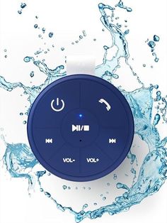 an mp3 player with water splashing on the side and it's blue cover