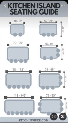 the kitchen island seating guide is shown with measurements for each seat and side area,