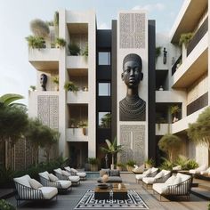 an outdoor area with couches, chairs and a statue in front of a building