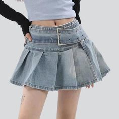 Introducing our ultra mini pleated denim skirt from the 2023 Summer Collection ââ‚?a timeless nod to the '90s. with a modern twist!Why It's Your Next Summer StapleThis 90s-inspired skirt reflects a perfect balance of modern fashion and nostalgia. With its lower-waisted silhouette. light wash. and subtle pleats. you'll add a touch of edginess to any ensemble. Plus. it's made with premium quality denim for a elongated-lasting wardrobe staple.Key Highlights: Nostalgic Vibes: A tribute to the iconic Fitted Punk Denim Skirt, Denim Blue Mini Skirt With Belt Loops, Mini Pleated Skirt For Streetwear, Blue Mini Skirt For Streetwear, Y2k High Waist Skirt With Belt Loops, Y2k Mini Skirt With Belt Loops For Spring, Y2k Spring Mini Skirt With Belt Loops, Spring Y2k Mini Skirt With Belt Loops, Y2k Style Short Pleated Skirt