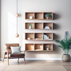 a living room with a chair, bookshelf and potted plant