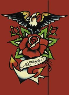 an old school tattoo design with roses and two birds on the side of a red wall