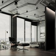 an empty room with large windows and a chair in the foreground, looking out onto a city