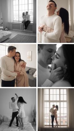 four different shots of people in the same room, one man and woman hugging each other