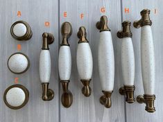 different types of handles and knobs on a white wooden surface with text describing them