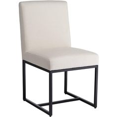 a white upholstered chair with black metal legs and a seat cushion on the back