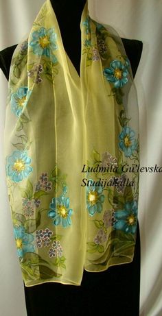 Scarf.Natural silk scarf - floral,gray-yellow hand painted scarf Yellow Silk Scarves For Spring, Yellow Artistic Silk Scarf For Spring, Artistic Yellow Silk Scarf For Spring, Monochrome Clothes, Painting Clothing, Painted Dupatta, Saree Painting Designs, Painted Clothing, Fabric Painting On Clothes