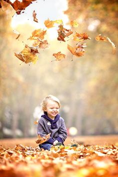 a little boy sitting on the ground with leaves flying in the air over his head