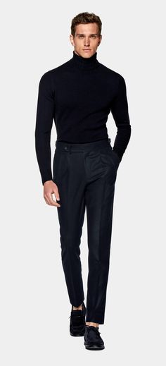 Navy Turtleneck | Wool Cashmere | SUITSUPPLY Turtleneck Outfit Layering Men, Turtle Neck Outfit Men, Turtleneck Outfit Men, Turtleneck Suit, Black Turtleneck Outfit, Navy Turtleneck, Beatnik Style, Dapper Gentleman Style, Turtle Neck Men