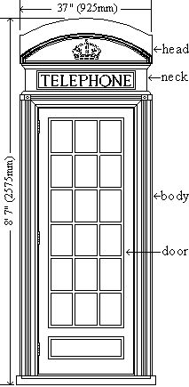 the elevation drawing for an old fashioned telephone booth, with measurements and details to it