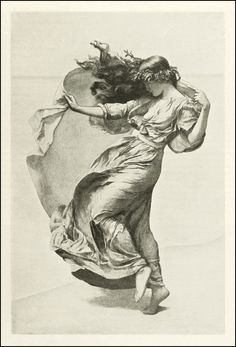 a drawing of a woman dancing with her hair blowing in the wind while wearing a dress