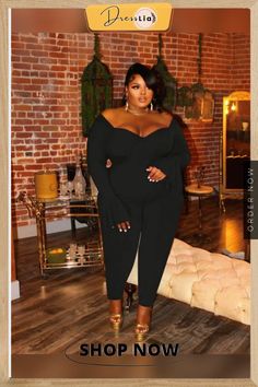 Off Shoulder Long Flared Sleeve Plus Size Jumpsuits Off Shoulder Plus Size Evening, Formal Romper Long Plus Size, Cocktail Jumpsuit Plus Size, Plus Size One Shoulder Sweater, All Black Dinner Outfit Plus Size, Plus Size Dressy Outfits, Plus Size Vegas Outfits, Plus Size Club Outfits Night Out, Plus Size Birthday Outfit