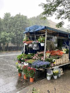 an outdoor flower stand on a rainy day