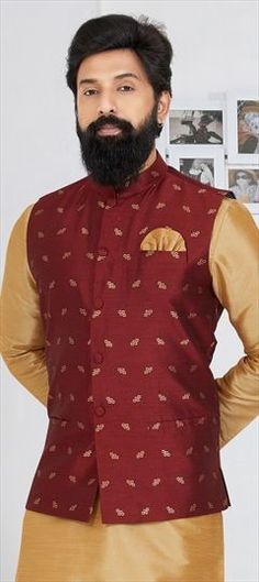 Red and Maroon color Nehru Jacket in Banarasi Silk fabric with Printed work Red Brocade Kurta For Festivals, Red Bandhgala With Zari Work For Transitional Season, Red Nehru Jacket With Zari Work For Eid, Red Nehru Jacket For Festive Transitional Season, Red Festive Nehru Jacket For Transitional Season, Red Bandhgala With Pallu For Diwali, Red Festive Nehru Jacket For Festivals, Red Nehru Jacket With Resham Embroidery For Eid, Festive Red Nehru Jacket With Zari Work