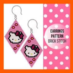 hello kitty earring pattern is shown with polka dot background and the text, earrings pattern brick stitch