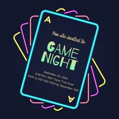 a game night party flyer with neon lights