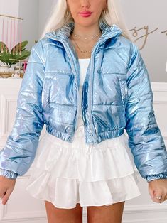 Miss Metallic Blue Puffer Jacket | sassyshortcake.com | Sassy Shortcake Boutique Cheap Fun Blue Outerwear, Trendy Iridescent Outerwear For Fall, Blue Cropped Jacket For Winter, Cropped Puffer Jacket For Spring, Preppy Fitted Blue Outerwear, Fitted Iridescent Outerwear For Winter, Spring Cropped Puffer Jacket, Blue Cropped Winter Jacket, Blue Trendy Outerwear With Faux Fur Trim