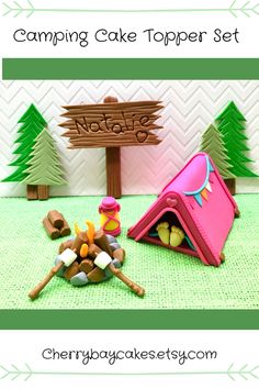 the camping cake topper set is ready to be made into a campfire and picnic table