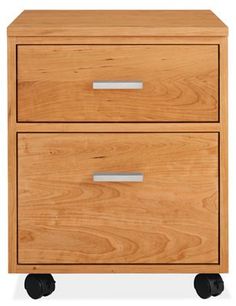 a wooden cabinet with two drawers and wheels on the bottom, against a white background