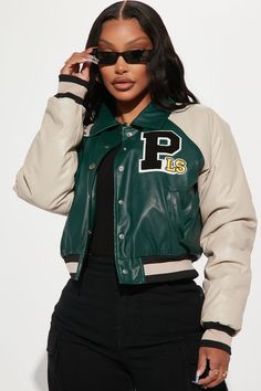 Available In Green/combo. Bomber Jacket Varsity Faux Leather Snap Button Closure Hand Pockets Colorblock Collar Patches Fully Lined Light Padding Disclaimer: Patch Placement May Vary Self: 50% Polyurethane 50% Polyester Contrast: 50% Polyurethane 50% Polyester Lining: 100% Polyester Imported California Proposition 65 WARNING: Cancer and Reproductive Harm - www.P65Warnings.ca.gov. | Walk The Hallways Varsity Jacket in Green size Medium by Fashion Nova Varsity Jacket Outfit Women, Prom Jacket, Green Varsity Jacket, Jodie Joe, Glam Closet, Varsity Jacket Outfit, Jacket Varsity, Jacket Outfit Women, Football Game Outfit