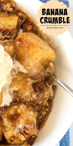 a bowl filled with ice cream and chicken wings covered in banana crumbles on top of a blue and white checkered table cloth