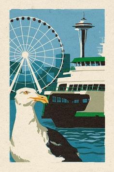 a seagull is standing in front of a ferris wheel