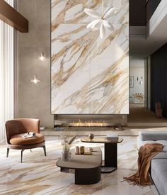 a modern living room with marble walls and flooring