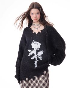 Distressed Rose Print Sweater | AESTHETIC CLOTHES – Boogzel Clothing Dark Street, Winter Design, Rose Embroidery, Print Sweater, 90s Grunge, Soft Grunge, Grunge Aesthetic, Printed Sweater