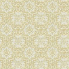 a yellow and white wallpaper with an intricate design