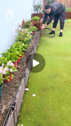 a man is watering the grass in his garden