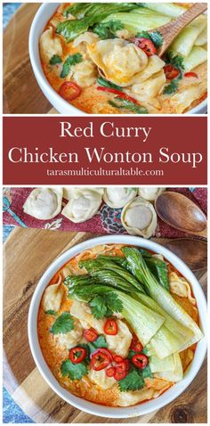 red curry chicken wonton soup in a bowl