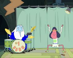 an animated character is playing drums in front of another character on the drum set,