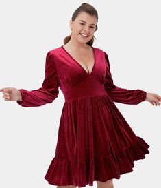 Women's Everyday Deep V Neck Ruffled Hem Velvet Plus Size Mini Chill Dress - HALARA Chill Dress, Velvet Plus Size, Velvet Dresses Outfit, Strapless Evening Gowns, Velour Dress, Velvet Dresses, Ladies Clothing, Ruffle Hem Dress, Mini Dress Casual